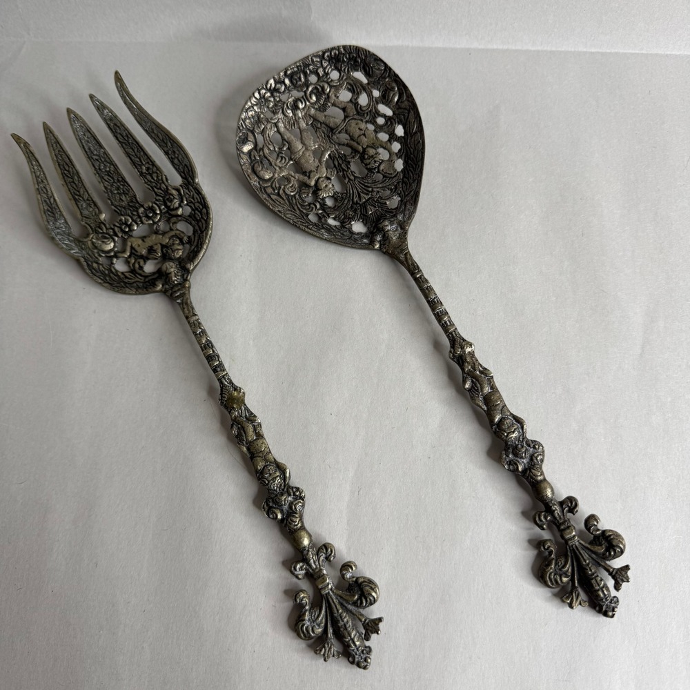 Vintage Italian Cherub Salad Servers Set Ornate Putti Fleur De Lis Italy
